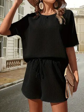 Women's New Short-sleeved Suit, Women's Foreign Bat Shirt, Fashion Shorts Two-piece Set - Black