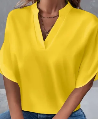 Lightweight Solid Color Notch Neck Blouse - Stylish Short Split Sleeves For Spring & Summer - Trendy Womens Casual Top - Yellow
