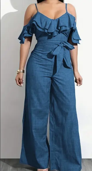 Women's Solid Colour Loose Casual Jumpsuit - Blue