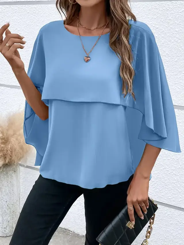Solid Layered Cloak Sleeve Blouse, Versatile Crew Neck Blouse For Spring & Fall, Women's Clothing Blue - Shop at LoveMi