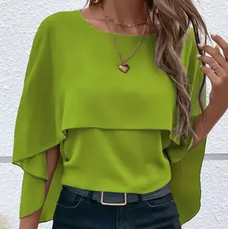 Solid Layered Cloak Sleeve Blouse, Versatile Crew Neck Blouse For Spring & Fall, Women's Clothing - Olive Green
