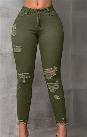Women's Ripped Slim Fit Nine Point Denim Jeans Army Green - Shop at LoveMi