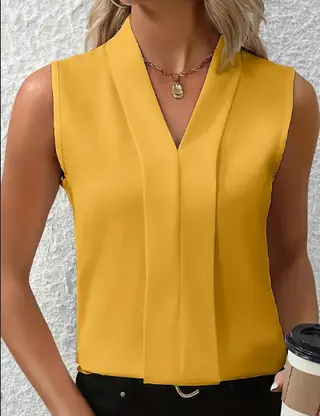 Women's Elegant Sleeveless V-Neck Blouse - Breezy Chic Top Ideal For Spring & Summer, Versatile Fashion For Casual Or Formal Wear - Yellow