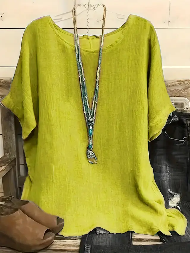 Women Fashion Casual Shirts Solid Color 3 4 Sleeve Round Neck Blouses Summer Loose Tops Streetwear Grass Green - Shop at LoveMi