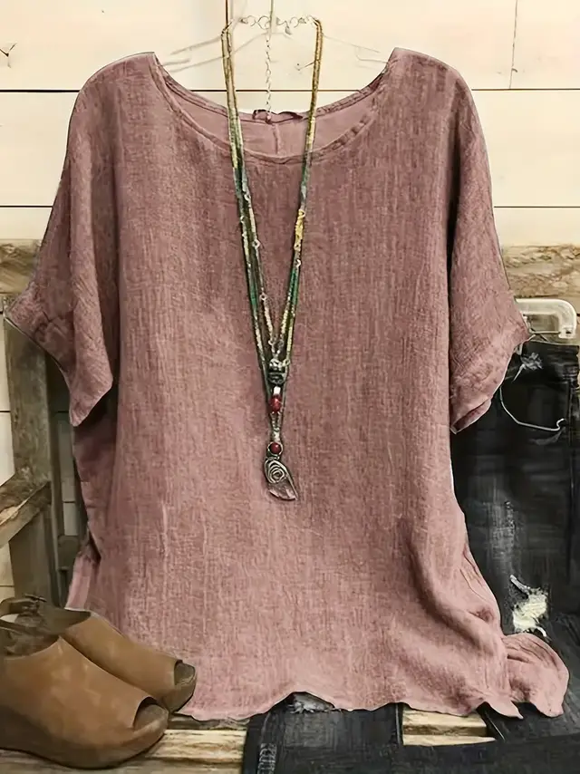 Women Fashion Casual Shirts Solid Color 3 4 Sleeve Round Neck Blouses Summer Loose Tops Streetwear Pink - Shop at LoveMi