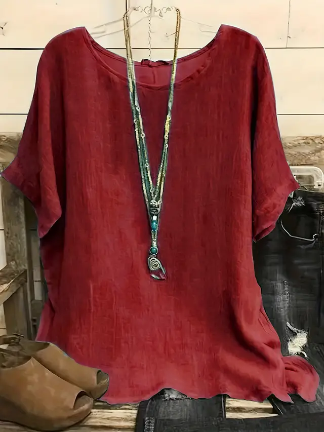 Women Fashion Casual Shirts Solid Color 3 4 Sleeve Round Neck Blouses Summer Loose Tops Streetwear Red - Shop at LoveMi