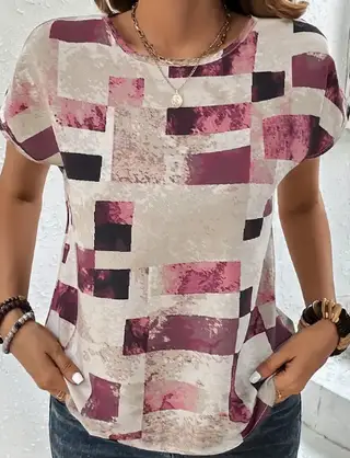 Women's Chic Geometric Aztec Print T-Shirt - Casual Crew Neck, Durable Non-Stretch Fabric, Ideal For Summer Wear - Pink Color