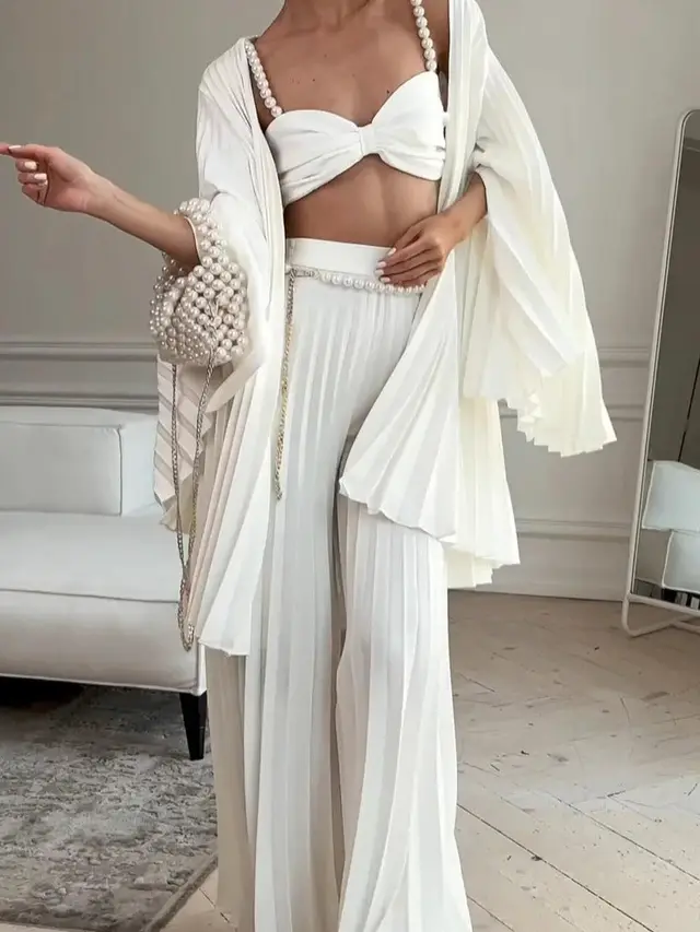 White Pleated Vest Cardigan Three piece Wide leg Pants Suit White - Shop at LoveMi