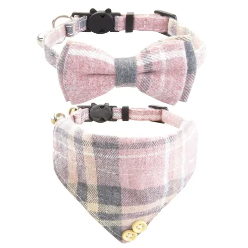 Bow Tie Cat Collar Bandana Breakaway Pet Collar Bandana With Classic Plaid Adjustable Cat Collar With Scarf And Bowtie Necklace Pink - Shop at LoveMi
