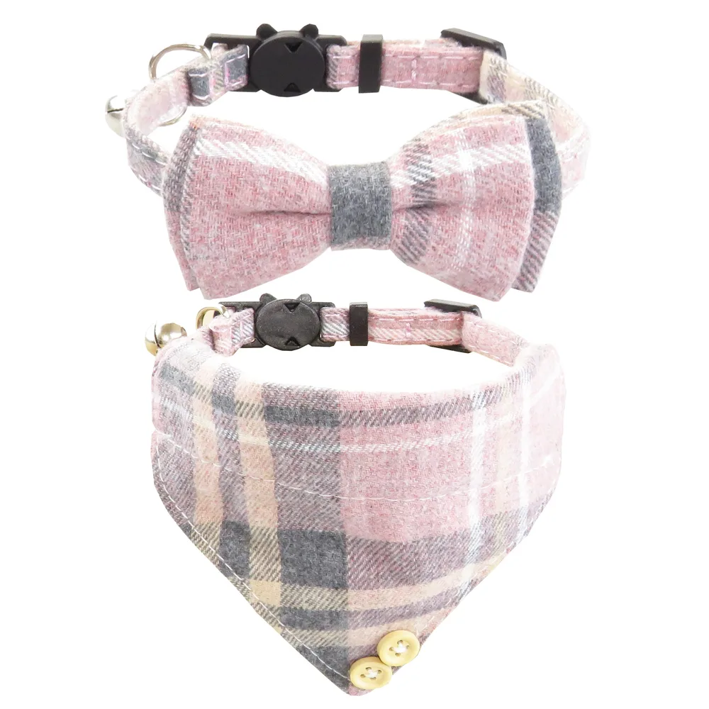 Bow Tie Cat Collar Bandana Breakaway Pet Collar Bandana With Classic Plaid Adjustable Cat Collar With Scarf And Bowtie Necklace Pink - Shop at LoveMi