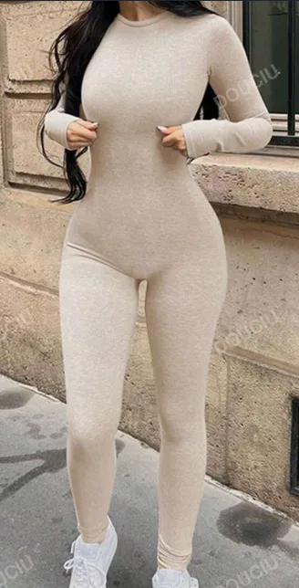 Women's Solid Color Round Neck Long Sleeve Jumpsuit, Ribbed Knit Tight Jumpsuit, Spring Autumn Khaki - Shop at LoveMi