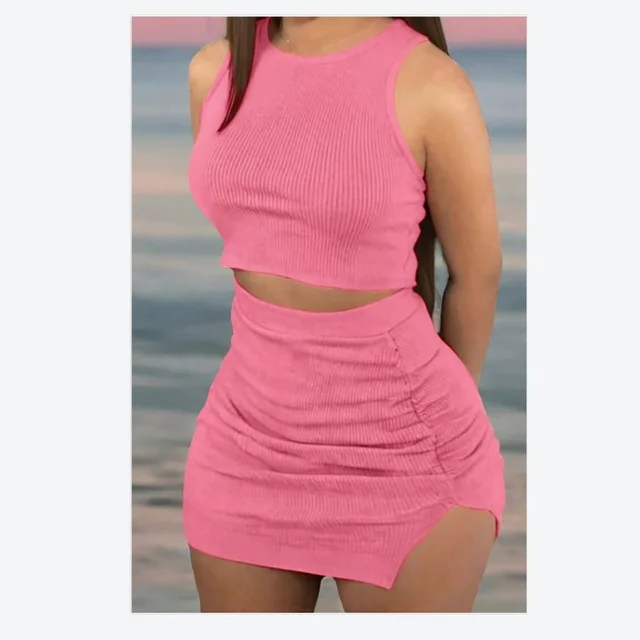 Ladies' Ribbed Crop Top And Bodycon Skirt Set Pink - Shop at LoveMi