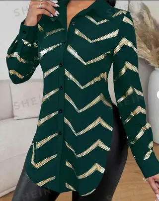 Lyxana Open Placket Foil Print Random Cut Shoulder Long Sleeve Cinched Waist Blouse Women Shirt - Dark Green