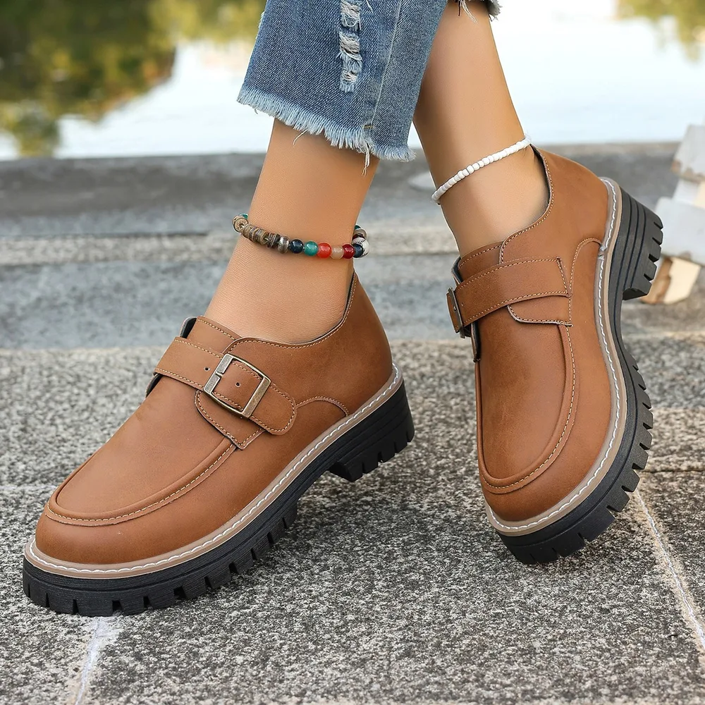 Fashion Buckle Loafers For Women British Style Height increasing Thick soled Casual Shoes Brown - Shop at LoveMi