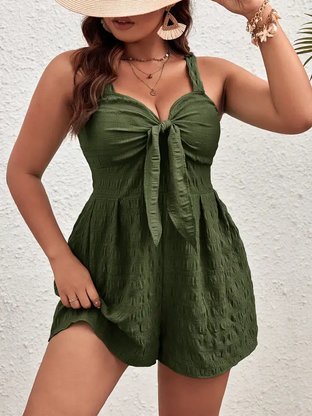 Plus Size Women's Summer Solid Color Front Knot Casual Tank Top Romper Green - Shop at LoveMi