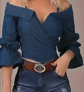 Solid Spaghetti Strap Blouse, Casual Bell Sleeve Surplice Neck Blouse, Women's Clothing - Blue