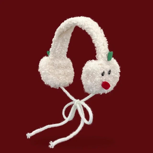 Cute Apple Shape Design Red Plush Earmuffs For Women Autumn And Winter Warm Ear Protection Fashion Versatile Straps Hairband Beige Big Eyes - Shop at LoveMi