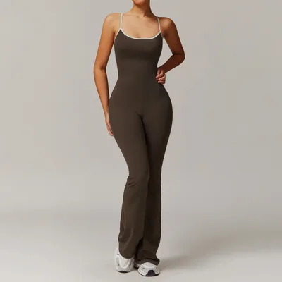 Solid Beauty back Long Pants Jumpsuit Yoga Fitness Running Dance Slim Bodysuit Women Sports Clothing Coffee - Shop at LoveMi