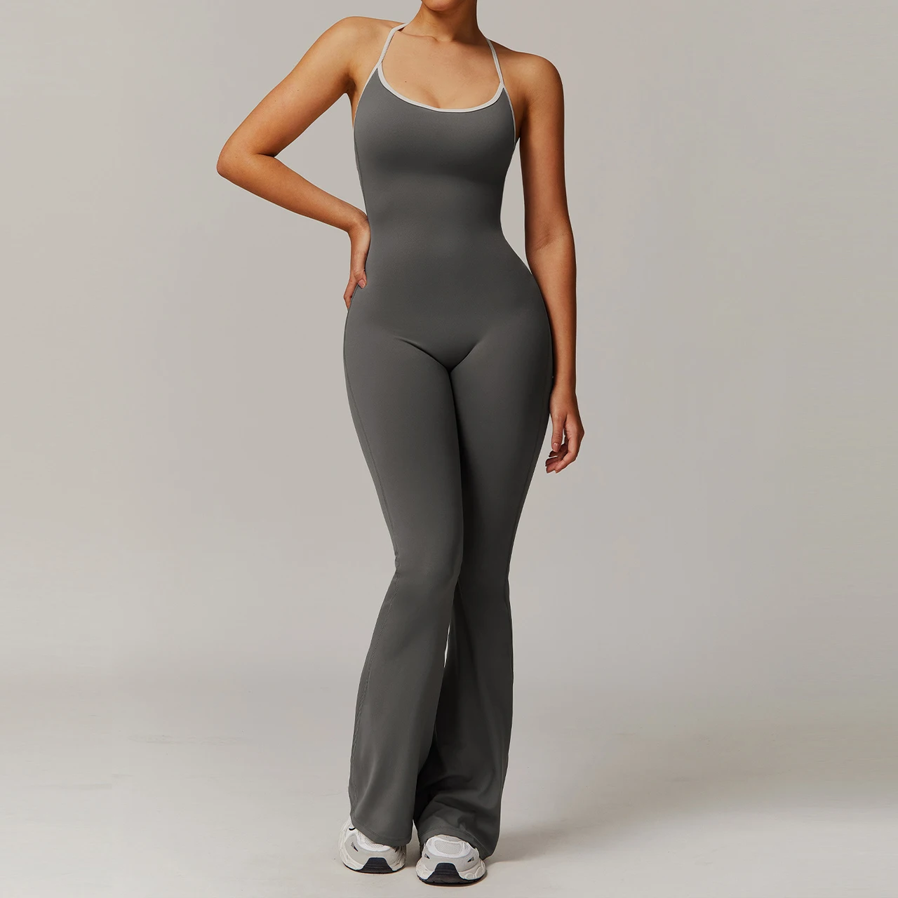 Solid Beauty-back Long Pants Jumpsuit Yoga Fitness Running Dance Slim Bodysuit Women Sports Clothing - Grey