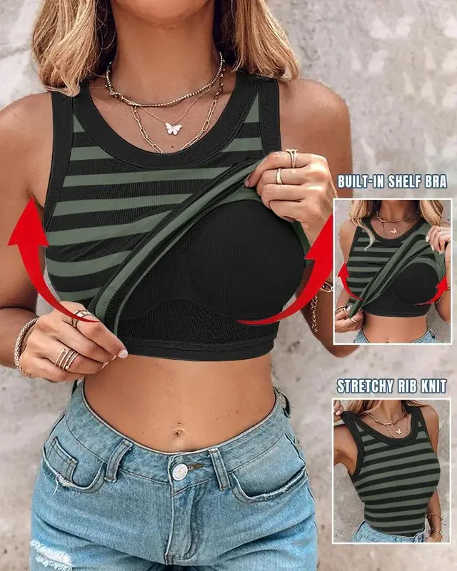 Slim Striped Vest With Bralette Ins Fashion Round Neck Sleeveless Tank Tops For Women Clothing Black Green - Shop at LoveMi