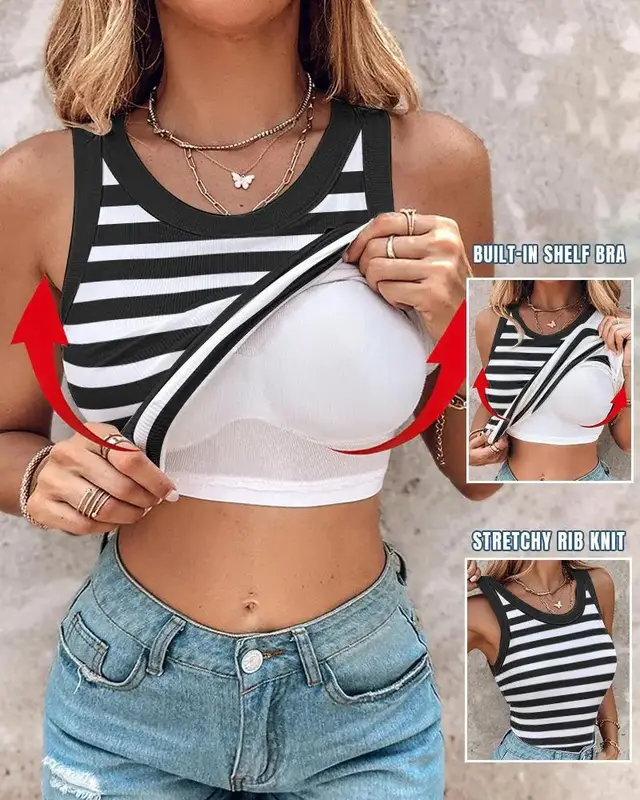 Slim Striped Vest With Bralette Ins Fashion Round Neck Sleeveless Tank Tops For Women Clothing Black - Shop at LoveMi