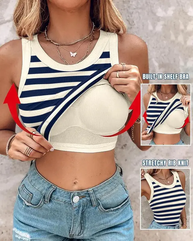 Slim Striped Vest With Bralette Ins Fashion Round Neck Sleeveless Tank Tops For Women Clothing Blue - Shop at LoveMi