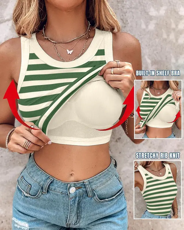 Slim Striped Vest With Bralette Ins Fashion Round Neck Sleeveless Tank Tops For Women Clothing Green - Shop at LoveMi