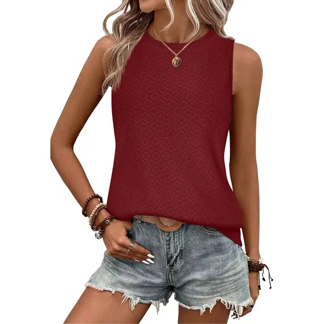 Loose Hollow Vest Ins Fashion Solid Round Neck Sleeveless Tank Tops For Women Clothing Wine Red - Shop at LoveMi