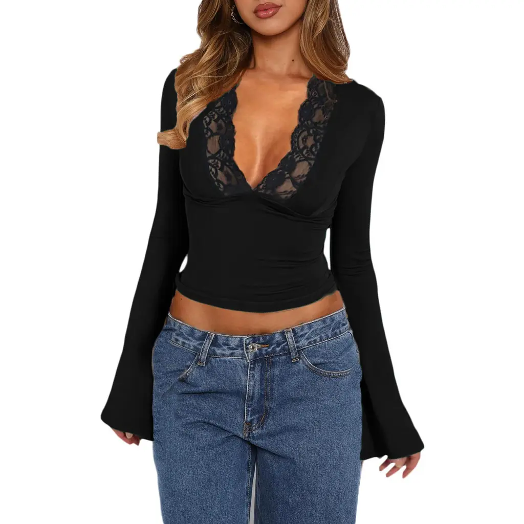 Slim V-neck Lace T-Shirt Ins Fashion Trumpet Sleeve Long-sleeved Top Women Clothing - Black