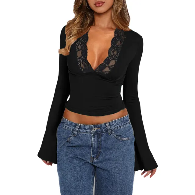 Slim V neck Lace T Shirt Ins Fashion Trumpet Sleeve Long sleeved Top Women Clothing Black - Shop at LoveMi