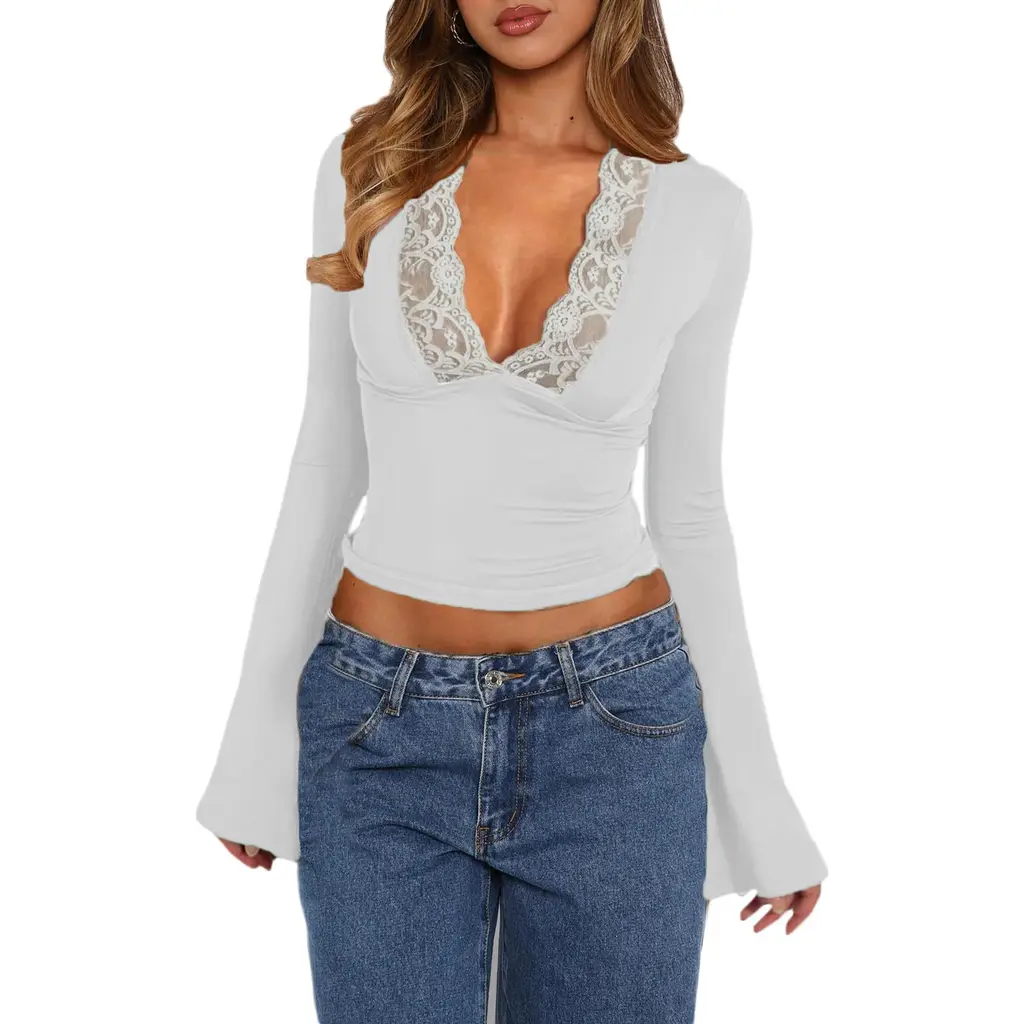 Slim V-neck Lace T-Shirt Ins Fashion Trumpet Sleeve Long-sleeved Top Women Clothing - White