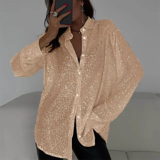 Long sleeved Sequin Shirt Ins Fashion Lapel Tops For Party Street style Women's Clothing Champagne - Shop at LoveMi