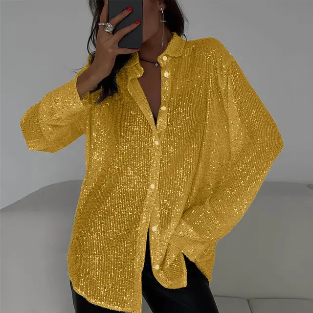 Long sleeved Sequin Shirt Ins Fashion Lapel Tops For Party Street style Women's Clothing Gold - Shop at LoveMi