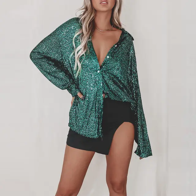 Long sleeved Sequin Shirt Ins Fashion Lapel Tops For Party Street style Women's Clothing Green - Shop at LoveMi