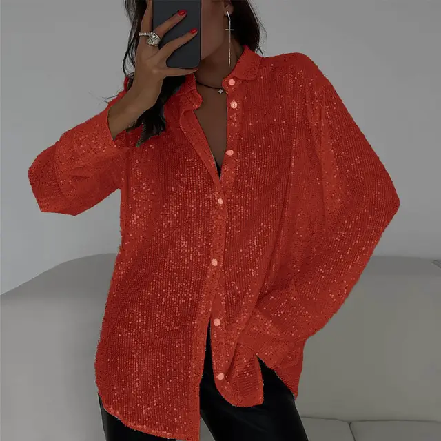 Long sleeved Sequin Shirt Ins Fashion Lapel Tops For Party Street style Women's Clothing Red - Shop at LoveMi