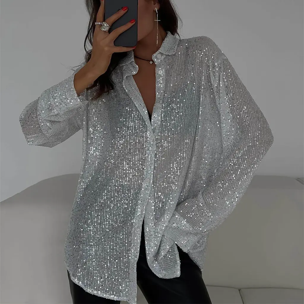 Long-sleeved Sequin Shirt Ins Fashion Lapel Tops For Party Street-style Women's Clothing - White