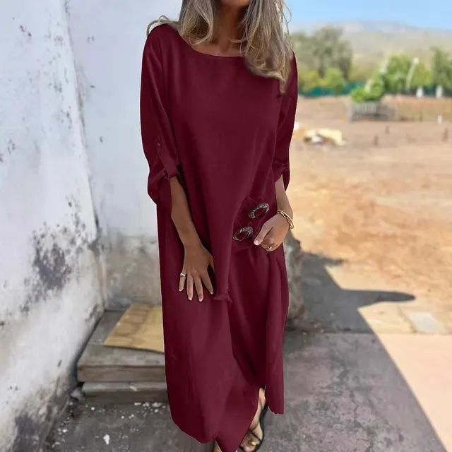 Loose Irregular Long Suit With Metal Button Design Round Neck Long sleeved Top And Straight Trousers Fashion Wide leg Pants Women's Clothing Wine... Wine Red - Shop at LoveMi
