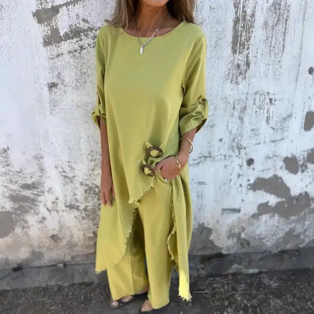 Loose Irregular Long Suit With Metal Button Design Round Neck Long sleeved Top And Straight Trousers Fashion Wide leg Pants Women's Clothing Yellow - Shop at LoveMi