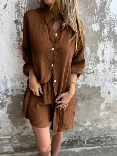 Loose Long sleeved Shirt Suit With Lapel Button Tops And Elasticated Shorts Fashion Casual Clothing For Women Brown - Shop at LoveMi