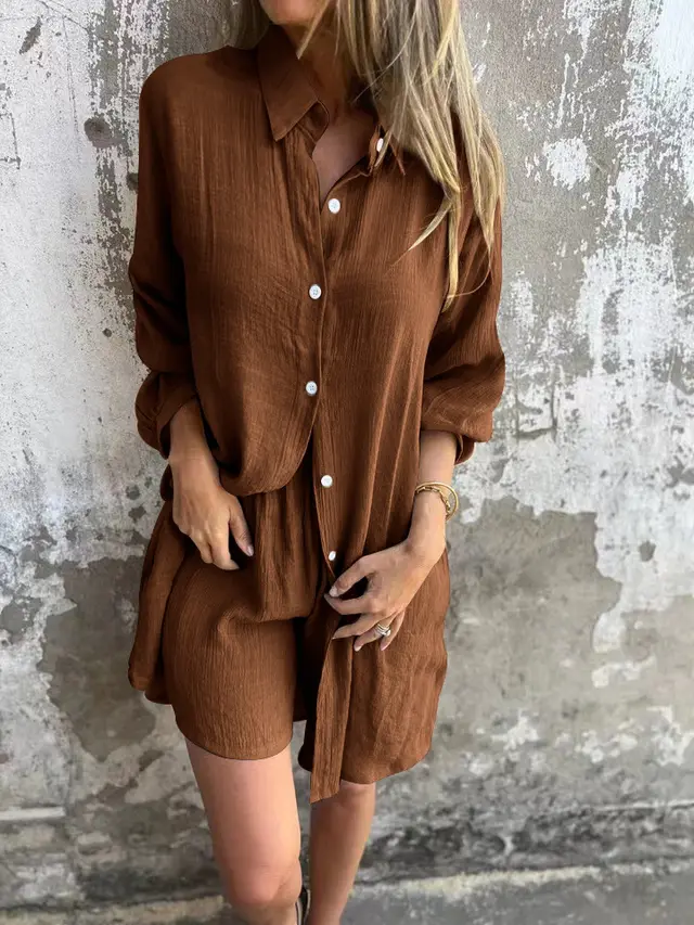 Loose Long sleeved Shirt Suit With Lapel Button Tops And Elasticated Shorts Fashion Casual Clothing For Women Dark Brown - Shop at LoveMi