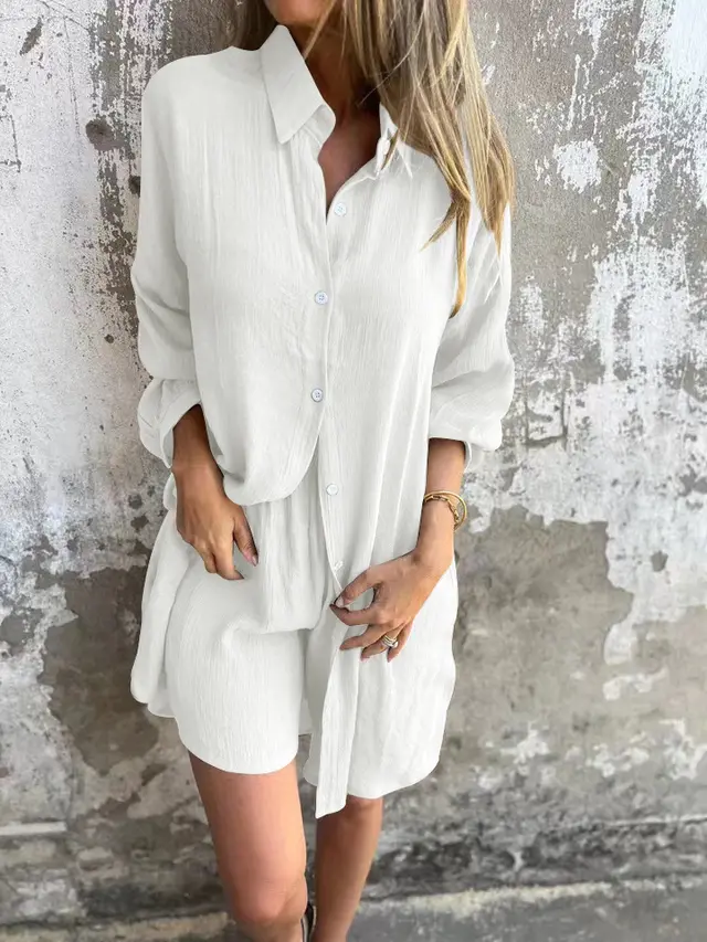 Loose Long sleeved Shirt Suit With Lapel Button Tops And Elasticated Shorts Fashion Casual Clothing For Women White - Shop at LoveMi