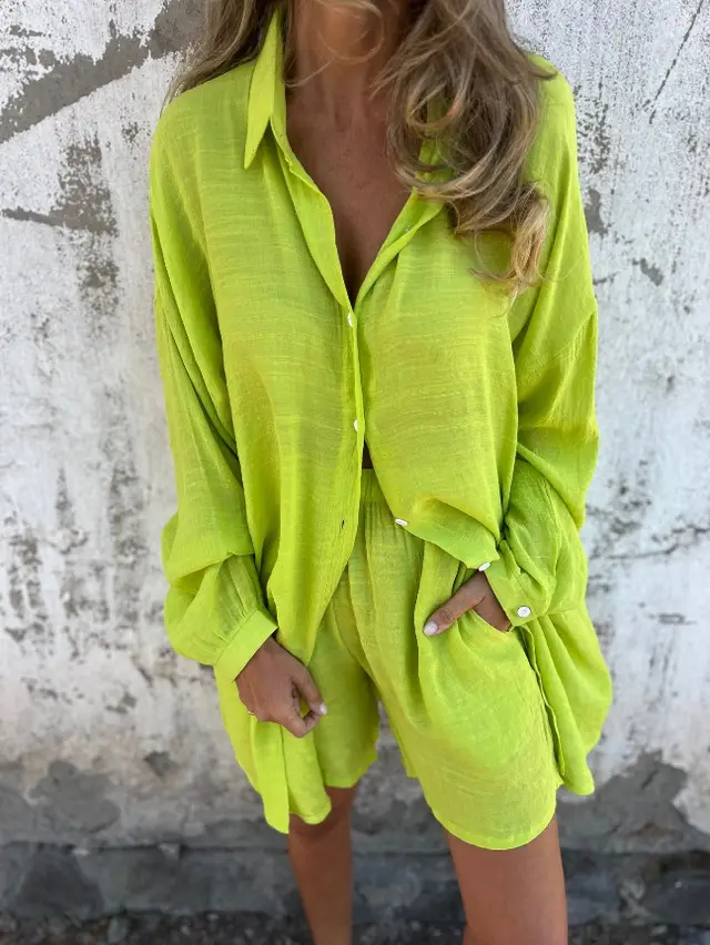 Loose Long sleeved Shirt Suit With Lapel Button Tops And Elasticated Shorts Fashion Casual Clothing For Women Yellow - Shop at LoveMi