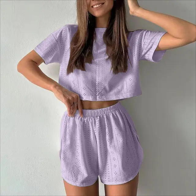 Casual Hollow Suit With Short sleeved Crop Top And Elastic Slit Shorts Summer Fashion Sport Clothing For Women Purple - Shop at LoveMi
