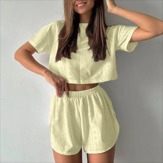 Casual Hollow Suit With Short sleeved Crop Top And Elastic Slit Shorts Summer Fashion Sport Clothing For Women Yellow - Shop at LoveMi