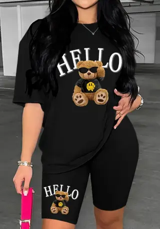 Bear & Letter Print Matching Two-piece Set, Casual Short Sleeve T-shirt & Skinny Shorts Outfits, Women's Clothing - Black