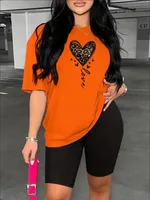Leopard Heart Print Two Piece Set, Short Sleeve T-shirt & Short Leggings, Women's Clothing - Orange