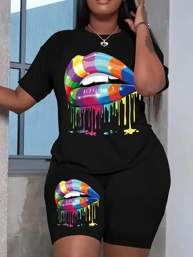 Printed Drop Shoulder T Shirt Graphic Tees Women Tops Black - Shop at LoveMi