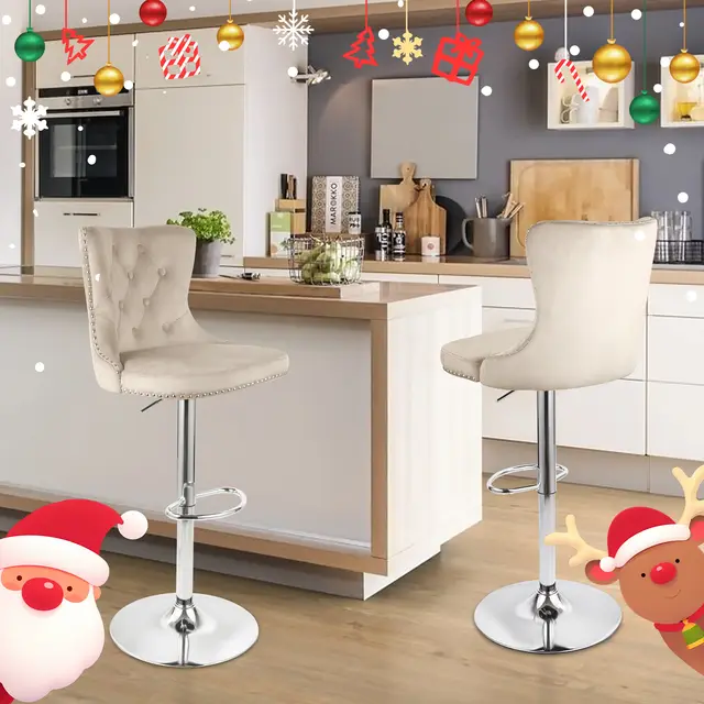 Velvet Swivel Bar Stools, Modern Bar Stools With High Back And Metal Footrest, Adjustable Swivel Barstools Khaki - Shop at LoveMi