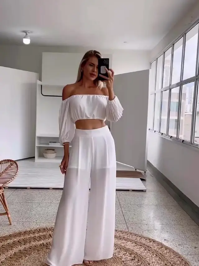 White One shoulder Pleated Top & High waisted Pants Set White - Shop at LoveMi