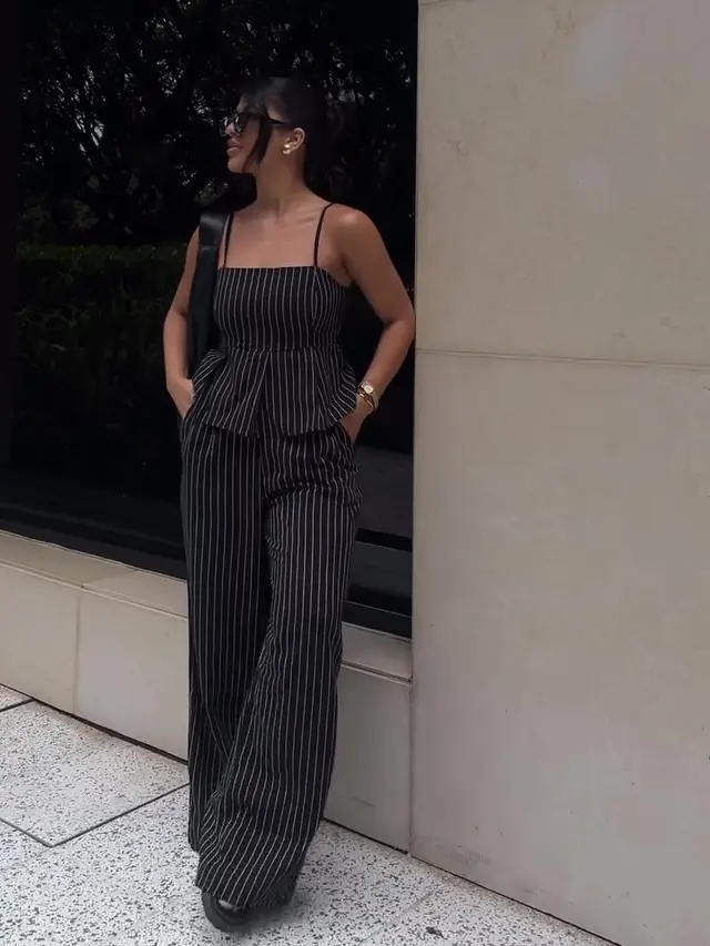 Striped Suspender Ruffle High waisted Wide leg Pants Suit Stripe - Shop at LoveMi